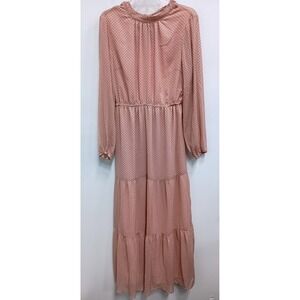 MINKPINK Maxi Dress Womens Large Pink Polka Dot Open Back Tiered Long Sleeve